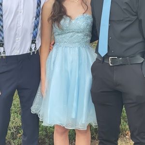 strapless light blue homecoming dress